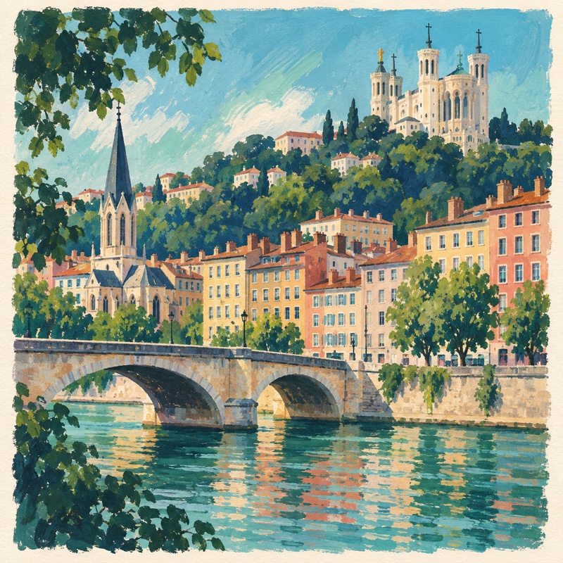 Fourvière et les quais de Saône, illustration à la gouache