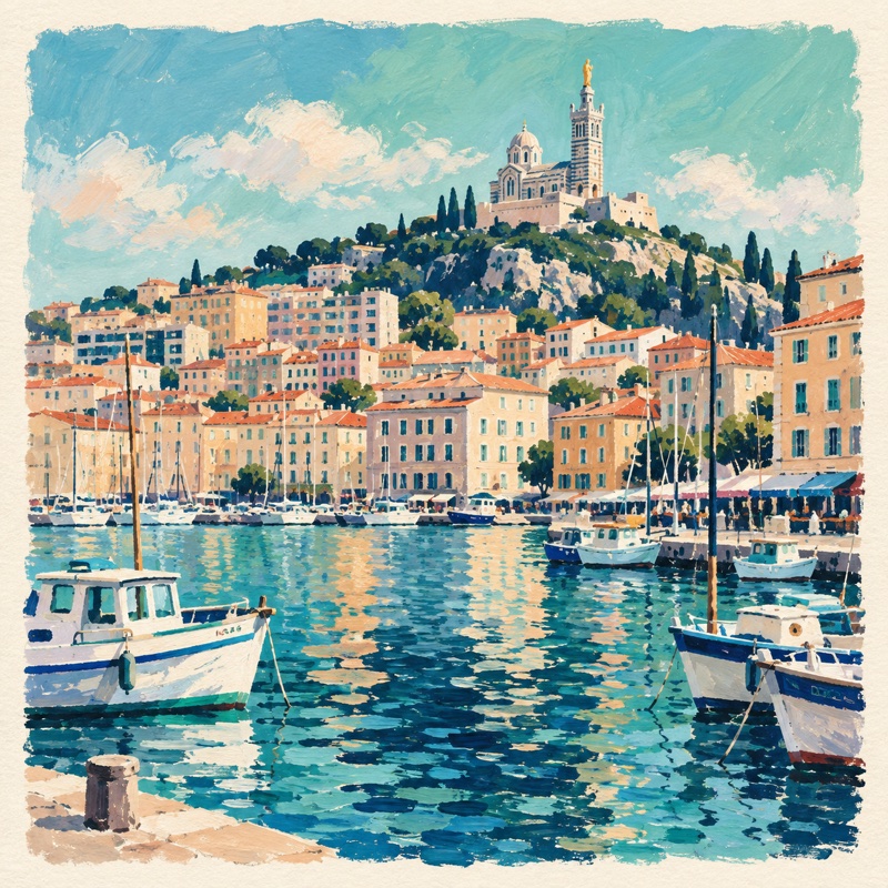 Notre-Dame de la Garde et le Vieux-Port, illustration à la gouache