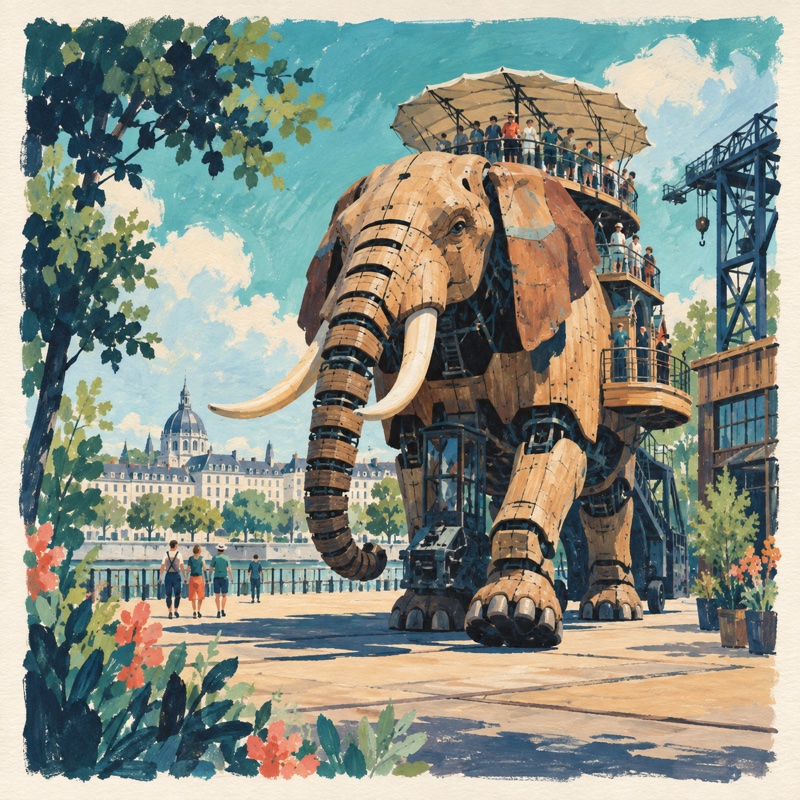 Le Grand Éléphant des Machines de l’île, illustration à la gouache
