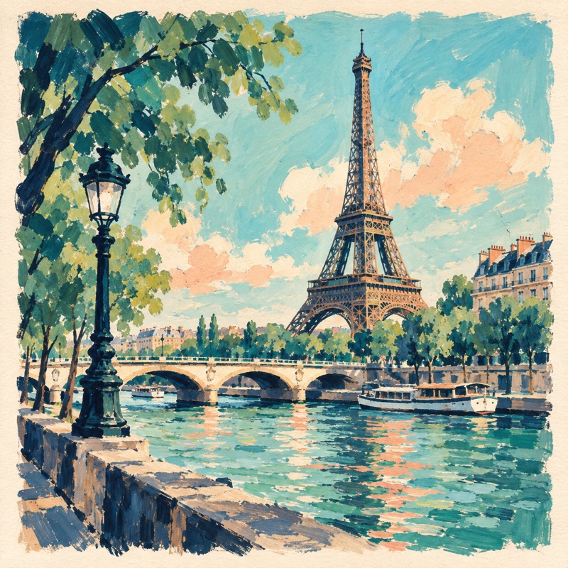 La tour Eiffel et la Seine, illustration à la gouache