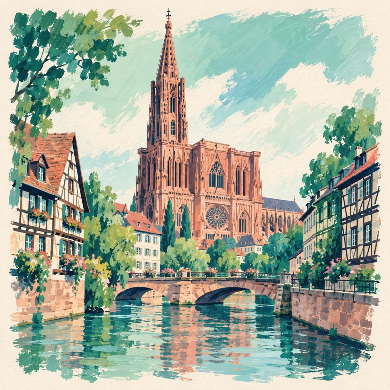 La cathédrale et les maisons à colombages, illustration à la gouache