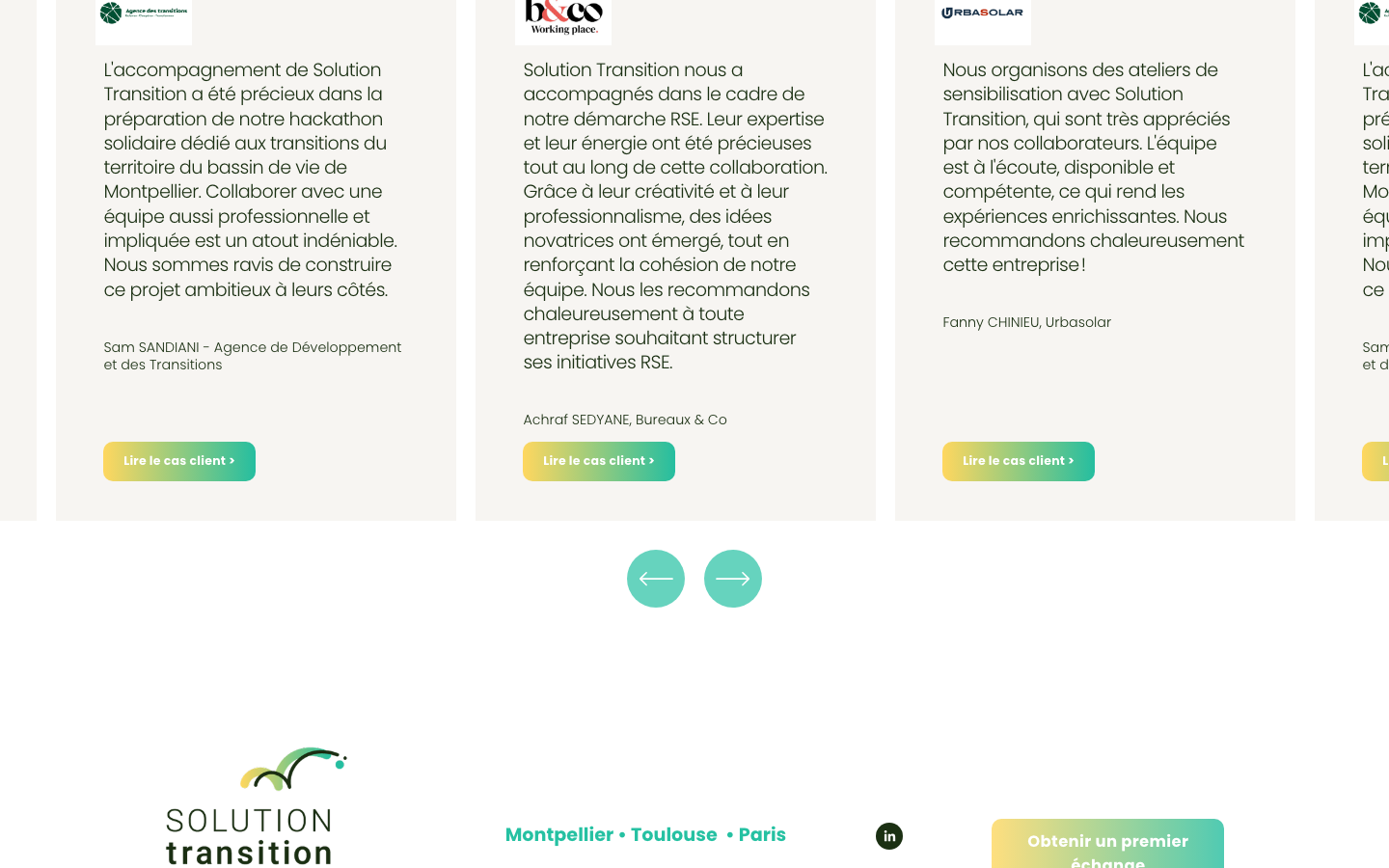 L'accompagnement de Solution Transition a été précieux dans la préparation de notre hackathon solidaire dédié aux transitions du territoire du bassin de vie de Montpellier. Collaborer avec une équipe aussi professionnelle et impliquée est un atout indéniable. Nous sommes ravis de construire ce projet ambitieux à leurs côtés. — Solution Transition